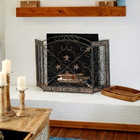 Traditional 3 Panel Metal Fire Screen With Filigree Design, Bronze