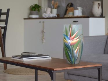 Handpainted Glass Vase for Flowers | Strelitzia Painted Art Glass Oval Vase | Interior Design Home Decor 12 inch.
