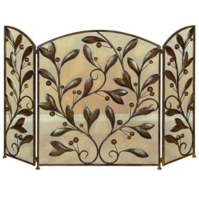 Mesh Design 3 Panel Metal Fire Screen with Leaf Motif, Bronze
